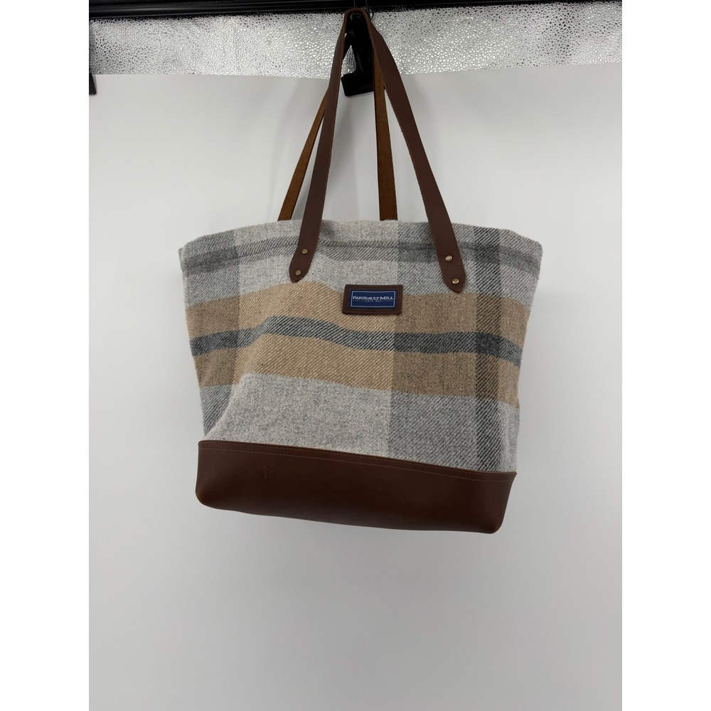 Faribault Mill Wool Tote Bag Womens Grey Tan Plaid Leather Base Shoulder Bag